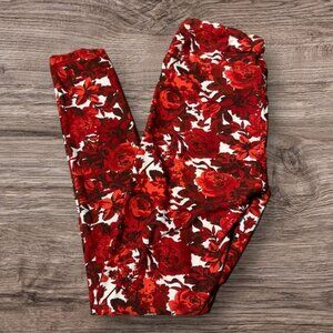 LuLaRoe White Red Rose Floral Print Women's Leggings One Size